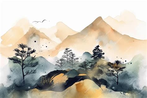 Premium AI Image | A watercolor painting of a mountain landscape with a ...