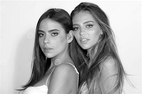 Women Face Of Two Girls Close Up Beauty Portrait Of Young Happy