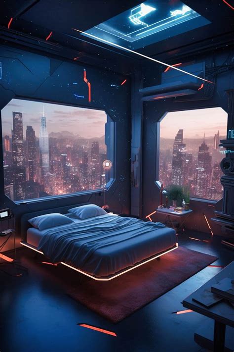 A Cyberpunk Bedroom Offering A Breathtaking View Of The Skyline Through