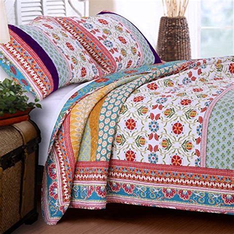 Retro Boho Quilt Set With Shams Print Geometric Floral Pattern Mandala