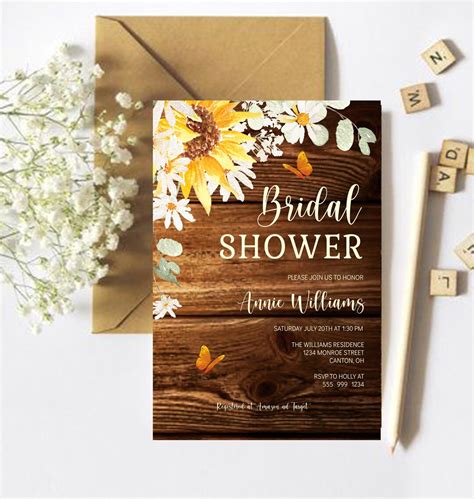 Rustic Bridal Shower Invitation Template Rustic Sunflower - Etsy