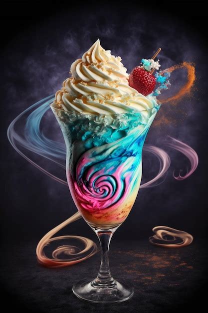 Premium Ai Image Colorful Ice Cream Sundae Sitting On Top Of A Table Generative Ai