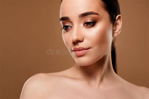 Photo Of Stunning Dreamy Naked Lady Advertising Cosmetics Empty Space On Beige Color Background