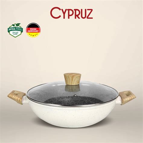 Cypruz White Granite Wok Pan Kuali Tebal Anti Lengket Tutup