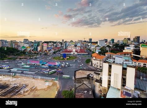 Front Side Of Ben Thanh Market And The Surroundings In Sunset Saigon