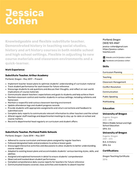 Substitute Teacher Resume Example And Writing Tips For 2021