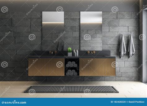 Luxury Gray Bathroom With Mirror And Comfortable Bathtub Stock