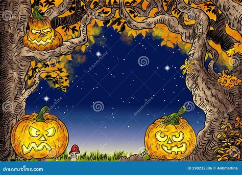 Illustrazione Dello Sfondo Di Alloween Con Facce E Alberi Di Zucca