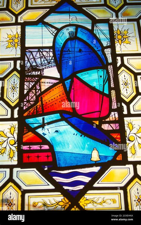 Stained Glass Window In Barrow In Furness Town Hall Depicting The Towns