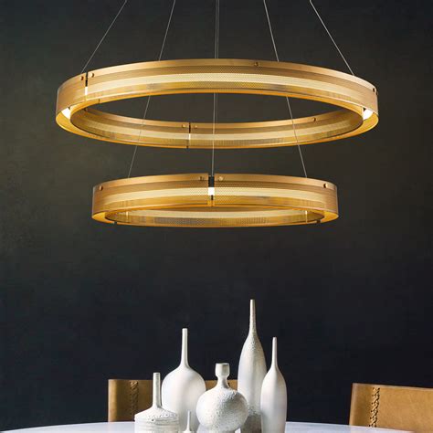 2 Light 32 Wide Round Antique Gold Modern Double Ring LED Chandelier