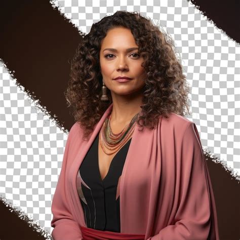 Premium Psd Vibrant Curly Haired Latina Judge Poses With Hope Pastel Salmon Backdrop Sets The Mood