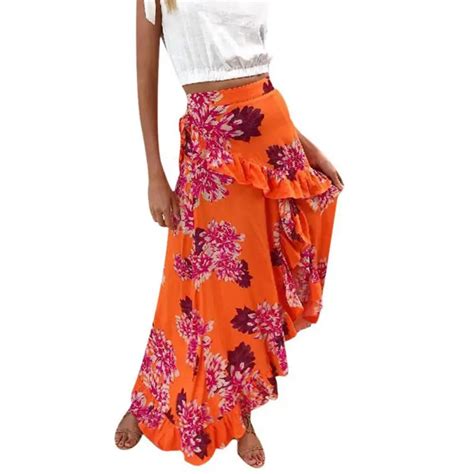 High Waist Boho Print Long Skirts Women Split Ruffle Maxi Skirt Floral Print Beach Skirt Female