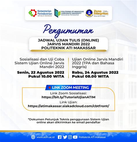 Jadwal Uji Coba Dan Ujian Online Jarvis Mandiri 2022 Politeknik Ati Makassar