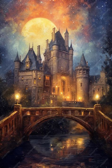 Premium AI Image | A painting of a castle with a bridge in the background.