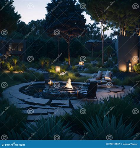 Ai Generated A Cozy Outdoor Fire Pit Area With Chairs And Trees Stock