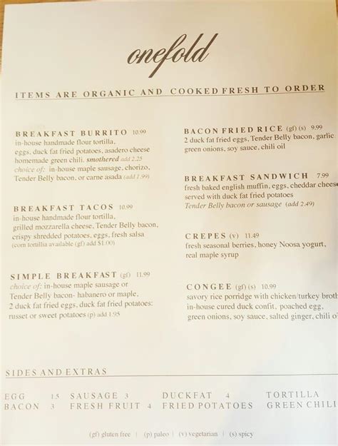 Menu at Onefold cafe, Denver, E 18th Ave