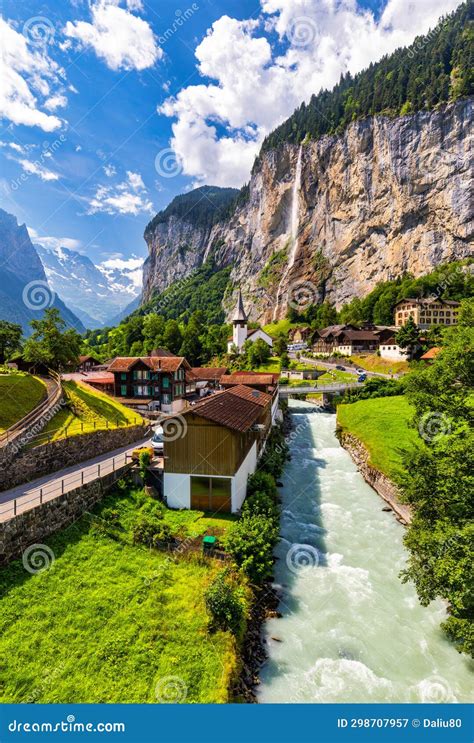 Famous Lauterbrunnen Town And Staubbach Waterfall Bernese Oberland