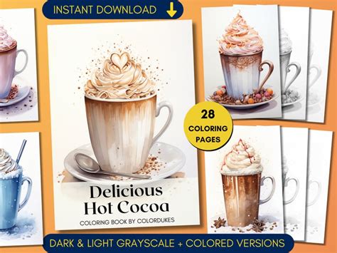 Hot Cocoa Coloring Pages Watercolor Coloring Book In Etsy