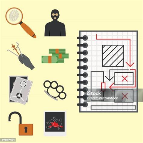 범죄 아이콘 보호 법률 정의 로그인 보안 경찰 총 범죄 중 죄 범죄 평면 벡터 일러스트 레이 션 Tem에 대한 스톡 벡터 아트