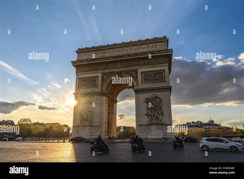 Paris France City Skyline Sunset At Arc De Triomphe And Champs Elysees