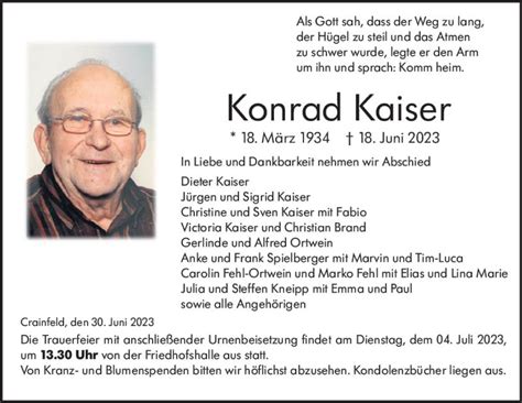 Traueranzeigen Von Konrad Kaiser Vrm Trauer De