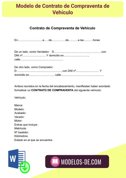 Modelo De Contrato De Compraventa De Vehículo En Word