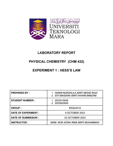 Chm Laboratory Report Hess S Law Laboratory Report Physical