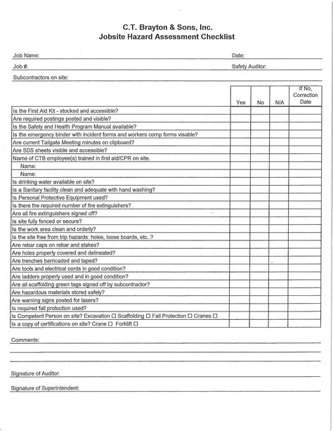 Jobsite Hazard Assessment Checklist Ct Brayton And Sons Inc General