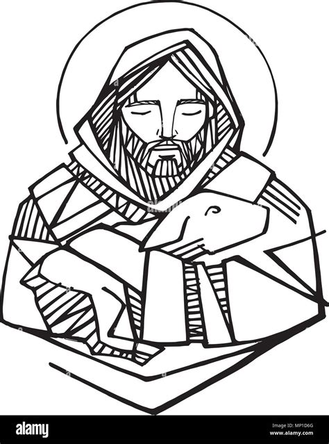 Hand drawn vector illustration ou dessin de Jésus Christ Bon Berger et