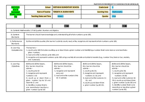 Final Matatag Lesson Exemplar Grade 1 Quarter 1 Week 1 Pilot