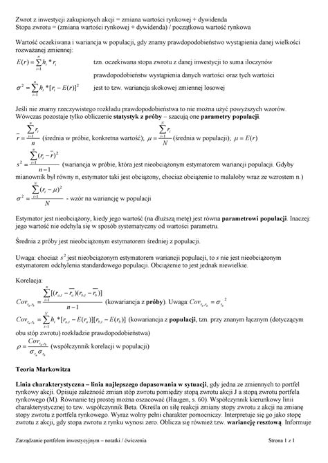 Notatki z wykładu Zarządzanie Portfelem Inwestycyjnym Zwrot z