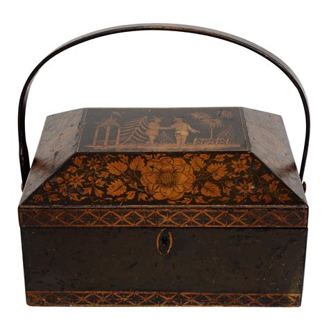 Regency Chinoiserie Decorated Penwork Box With Swing Handle Circa 1810