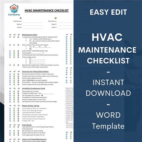 Hvac Preventative Maintenance Checklist Template Editable Microsoft