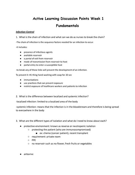 Active Learning Week 1 Active Learning Discussion Points Week 1 Fundamentals Infection Control