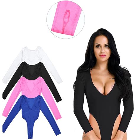 Tiaobug Women Erotic Lingerie Long Sleeves Solid Color High Cut