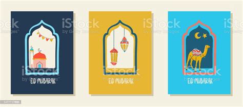 Ilustración De Eid Mubarak Saludos Elementos Conjunto De Tarjetas