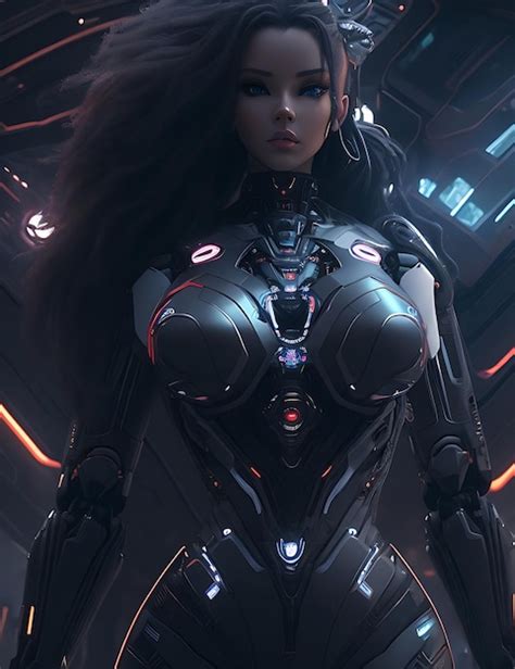 Mujer Cyborg En Traje Espacial Oscuro Futurista Renderizado D Foto