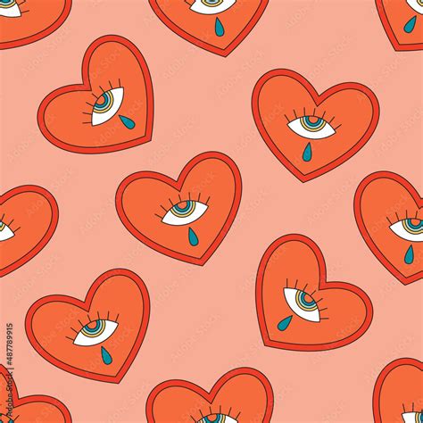 70s Seamless Vector Pattern With Vintage Groovy Heart And Tear