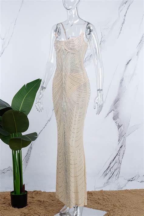 Wholesale Apricot Sexy Patchwork Hot Drilling See Through Backless Spaghetti Strap Long Dress