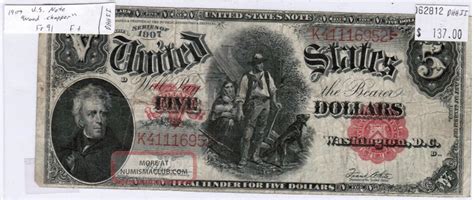 1907 5 United States Note Legal Tender Wood Chopper Fr 91