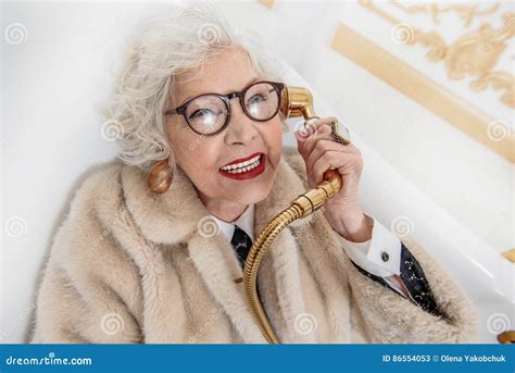 Wealthy Old Lady Having Fun in Bathroom Stock Image - Image of laugh ...