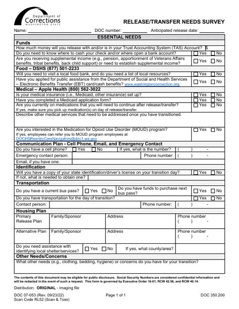 Form Doc07 053 Download Printable Pdf Or Fill Online Releasetransfer Needs Survey Washington