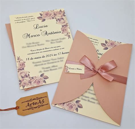 Convite De Casamento Floral Rose Nude Elo Produtos Especiais
