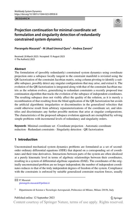 Pdf Projection Continuation For Minimal Coordinate Set Formulation