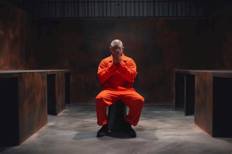 Desperate prisoner sitting alone in dark interrogation room One man ...