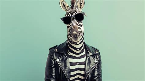 A Zebra Wearing A Black Leather Jacket And Sunglasses Is Posing Against