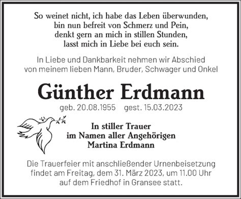 Traueranzeigen von Günther Erdmann Märkische Onlinezeitung Trauerportal