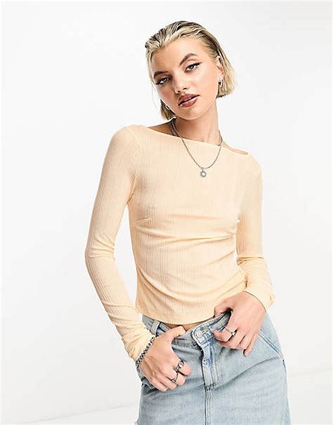 Collusion Sheer Slash Neck Long Sleeve Top In Ecru Asos