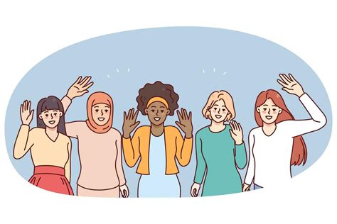 Happy Diverse Women Waving Hands Showing International Friendship And