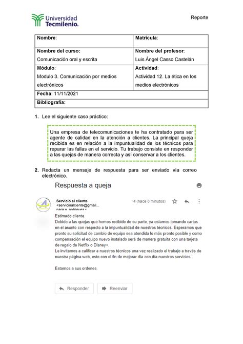 Actividad Comunicacion Oral Y Escrita Reporte Nombre Matr Cula